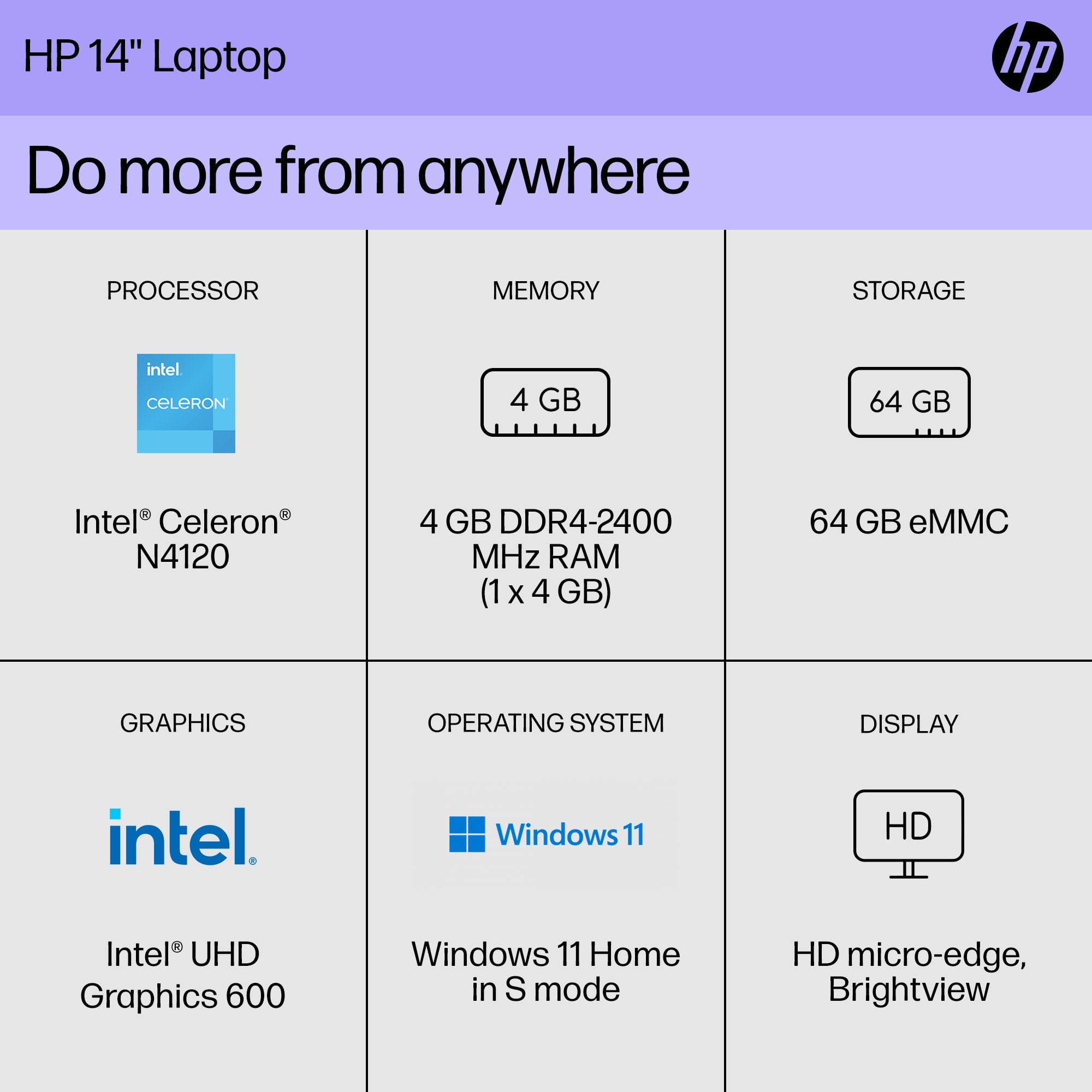 HP Stream 14" Laptop, Intel Celeron, 4GB, 64GB, Silver, Win 11 (S Mode), Office 365 1Yr, 14-cf2723wm