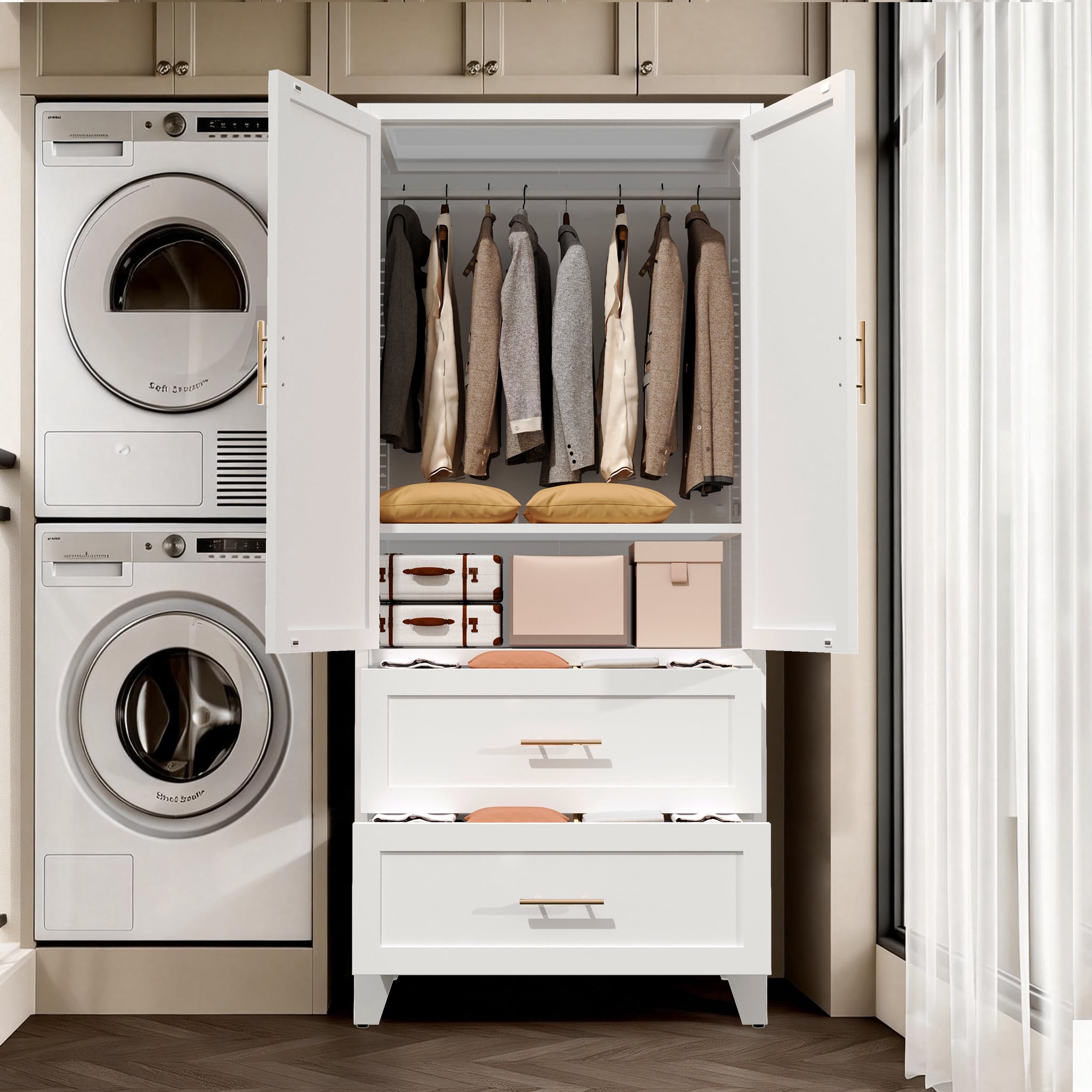 Metal Wardrobe Cabinet 71"H, 2 Drawers with Hanging Rod and Shelf, 2 Doors Storage Closet Organizer for Bedroom Office Laundry Room Entryway Foyer Guesthouse, White
