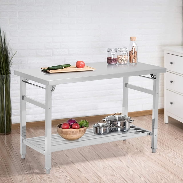 BeesClover Table à Manger Pliant en Acier Inoxydable, Conception Robuste avec Tablette Inférieure Réglable, Table de Préparation à Deux Niveaux pour Restaurant Ou Cuisine