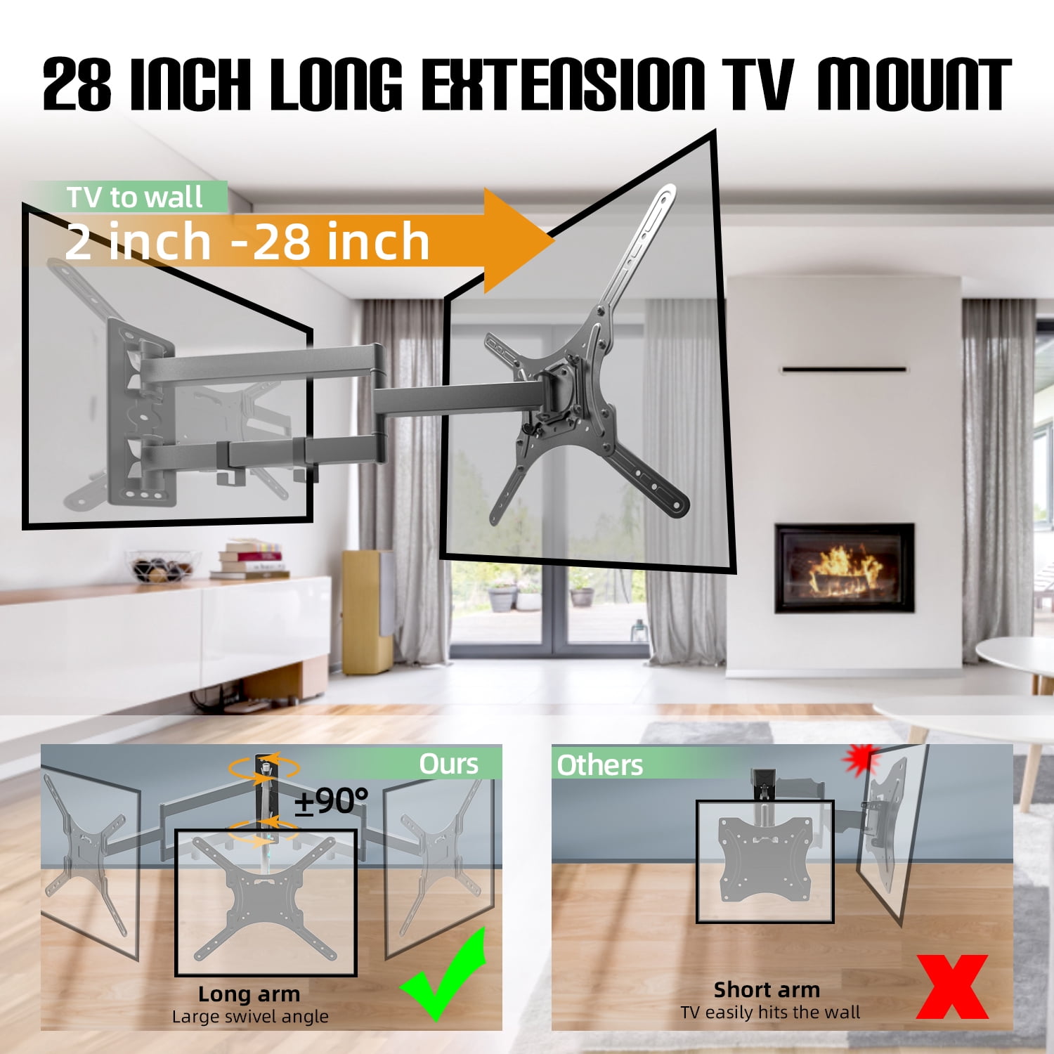 Mount Plus MP-L28-400 Long Arm Full Motion TV Wall Bracket with 28 inch Extension Articulating Arm | Fits Screen Sizes 23 to 55 Inch | VESA 400x400mm Compatible (28" Extension 23" to 55" TV)