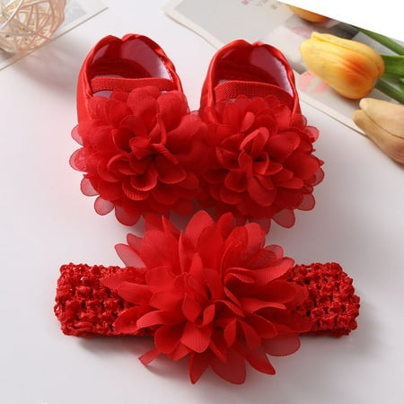 

NEW Newborn Baby Girl Bowknot Headband Floral Shoes Princess Walking Shoes RED 12-18 MONTHS