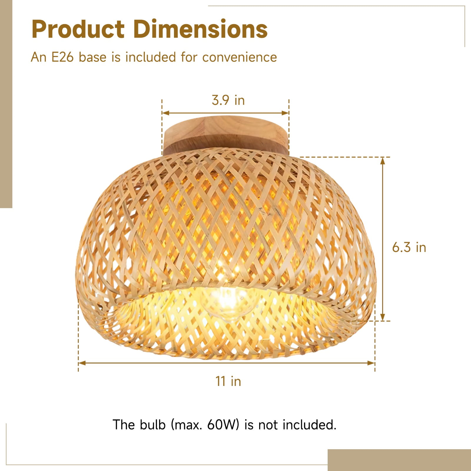 Wood Rattan Ceiling Light Fixture, Semi-Flush Mount Handwoven Rattan Shade, Farmhouse Light Chandelier Shade, Dual-Layer Lamp Fixture for Bedroom, Hallway, Kitchen, E26 Base Included