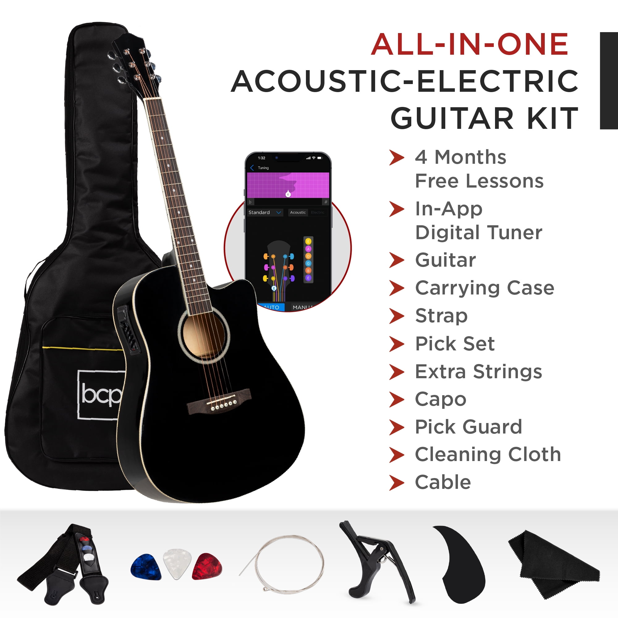 Best Choice Products Beginner Acoustic Electric Guitar Starter Set 41in w/ All Wood Cutaway Design, Case - Black