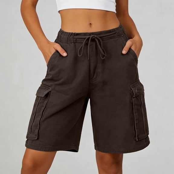 RUTAYY Women's Cargo Shorts Solid Color Casual Streetwear Baggy with Utility Pockets High Waist Loose Fit Denim Bottom Fashion Seaside Shorts