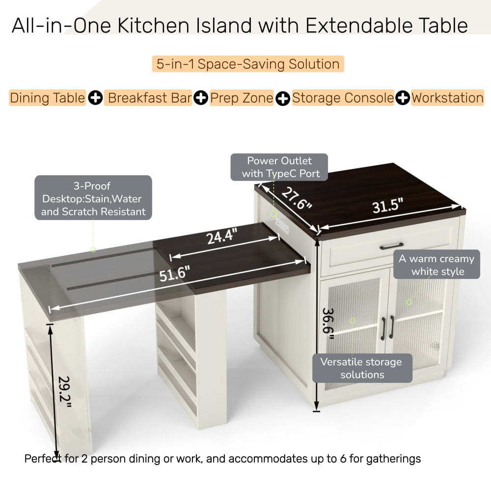 83.1'' Extendable Kitchen Island with Slide Out Table and Storage Racks for 2-6 Person,Kitchen Island with Tempered Glass Doors,Walnut Woodgrain Dining Table,Power Outlet,Bar,Prep Station