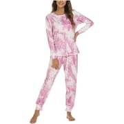 jovati Pajama Set for Women Pants Women Fashion Tie-Dye Print Long-Sleeved Trousers Pajama Set Two-Piece
