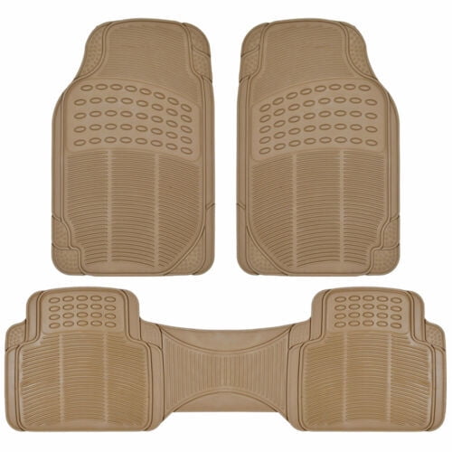 Heavy Duty All-Weather 3-Piece Trimmable Rubber Floor Mats – Universal Fit for Cars, SUVs, Trucks (Beige)