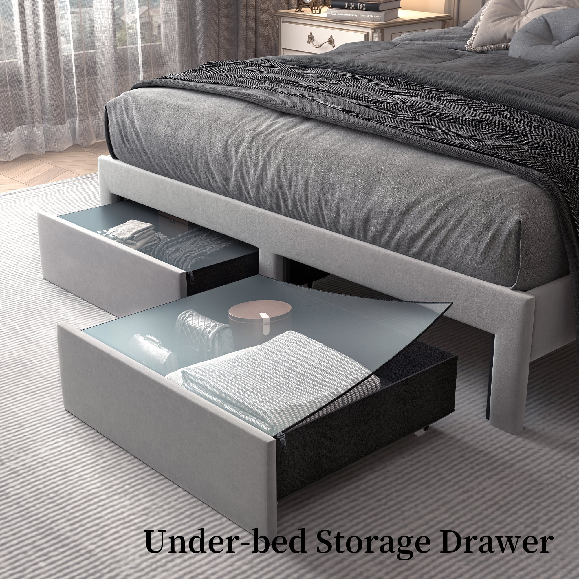 SIBEDS LED Bed Frame with 2 Storage Drawers and Galaxy Star Projector Velvet Upholstered Gray Tufted Wingback Headboard, Full