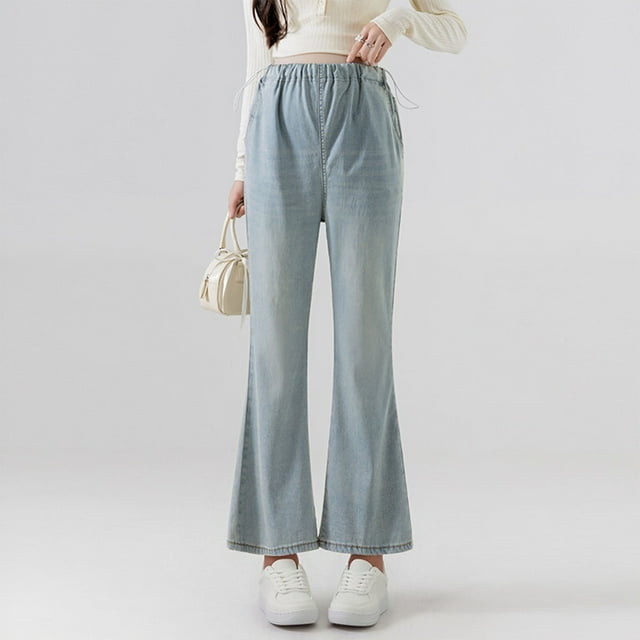 hengsof Comfortable Maternity Cropped Flared Pants with Drawstring Pockets and Elasticated Side Flares