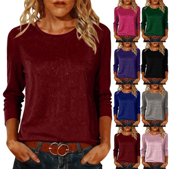 Yourumao 3/4 Sleeves Tops for Women Gillter Round Neck Shirts Elegant Solid Color Blouses Comfy Shiny Tees Sparkle Party Club Tshirts