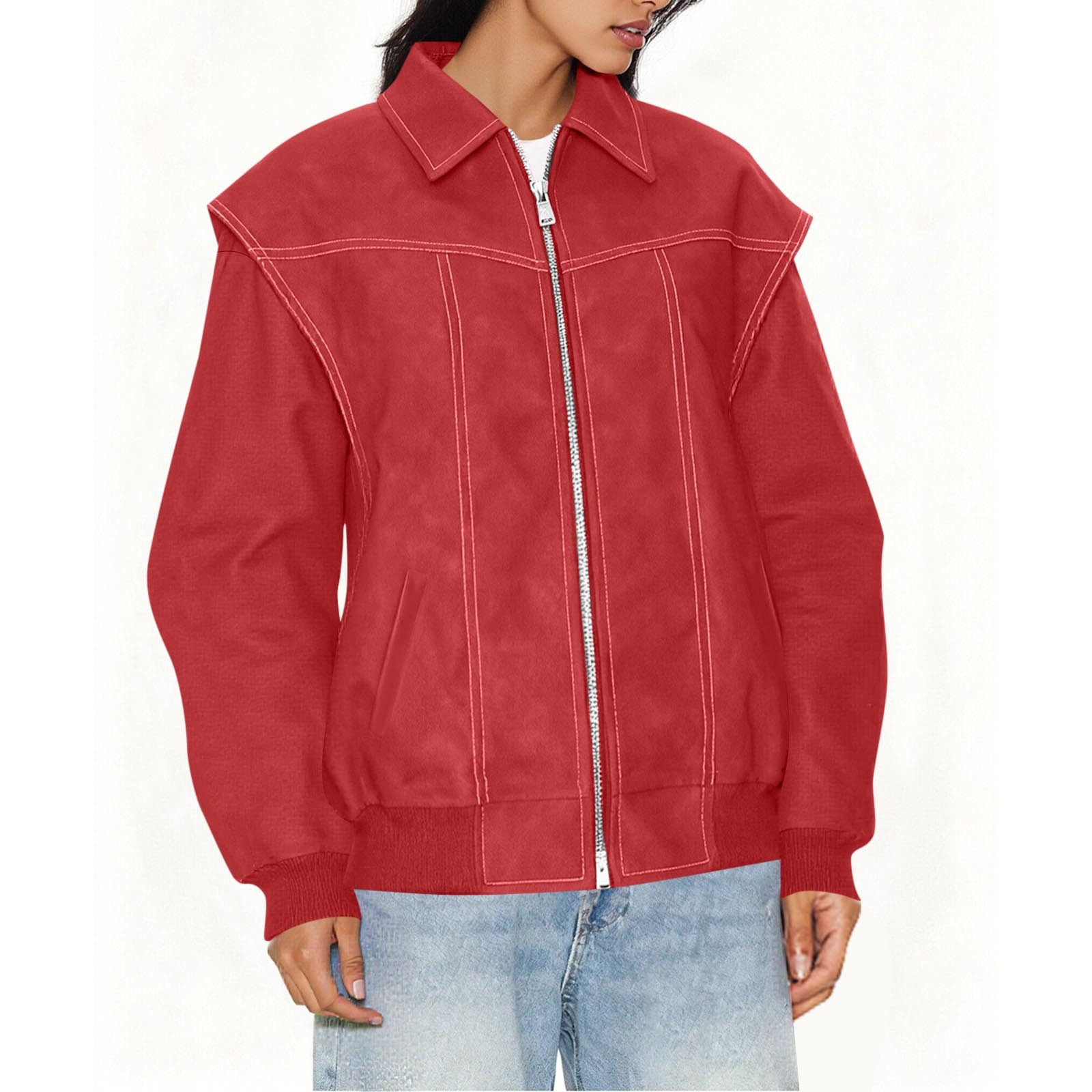 IROINNID Women's Faux Leather Jacket Long Sleeve Front Zip Pocket Biker Moto Jacket