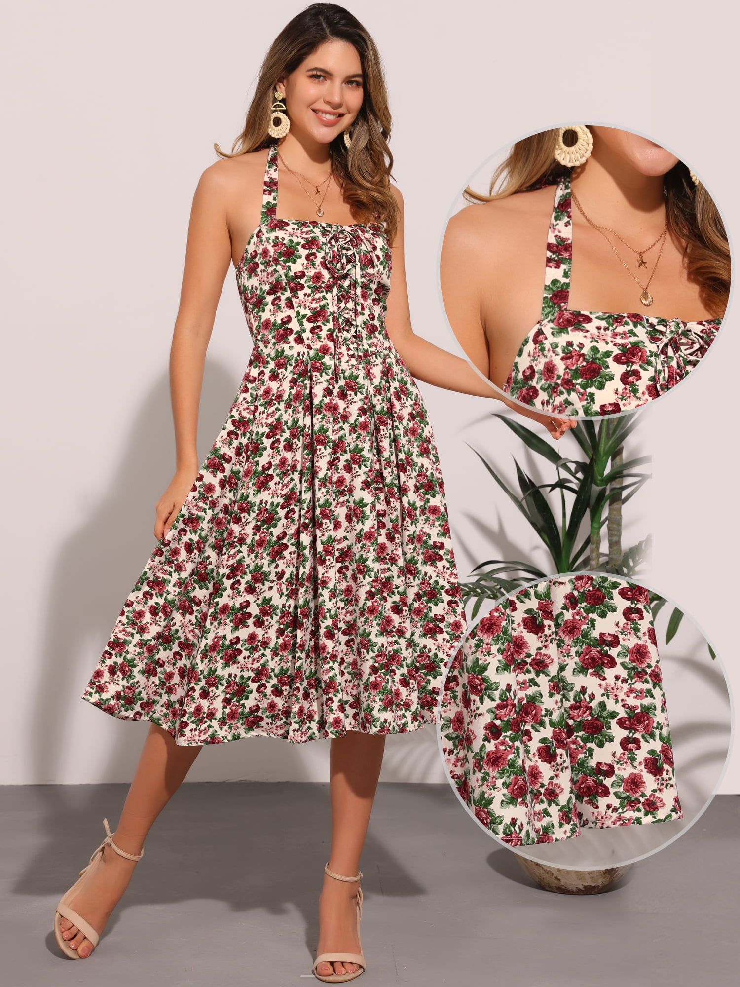 DARING DIVA Women's Halter Sleeveless Lace Up Floral Midi Dresses XS Beige Rose