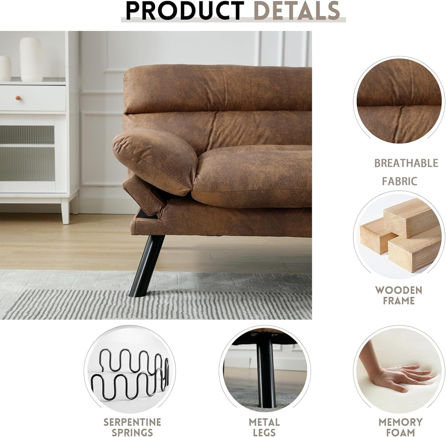 AENKYO Futon Loveseat Sofa Bed 2-Seater, Adjustable Backrest Convertible Sleeper - Brown