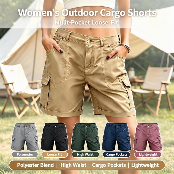 Sokhug Cargo Shorts for Women Mid Waist Casual Multi-Pocket Summer Utility Shorts with Rolled Hem