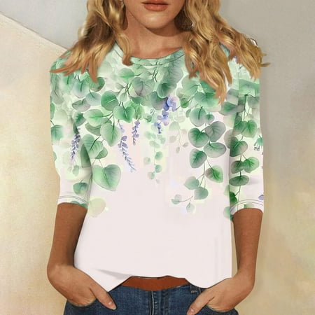 Patlollav Womens Casual 3/4 Sleeve T-Shirts Round Neck Cute Print Tops Trendy Loose Fit Three Quarter Length Blouses