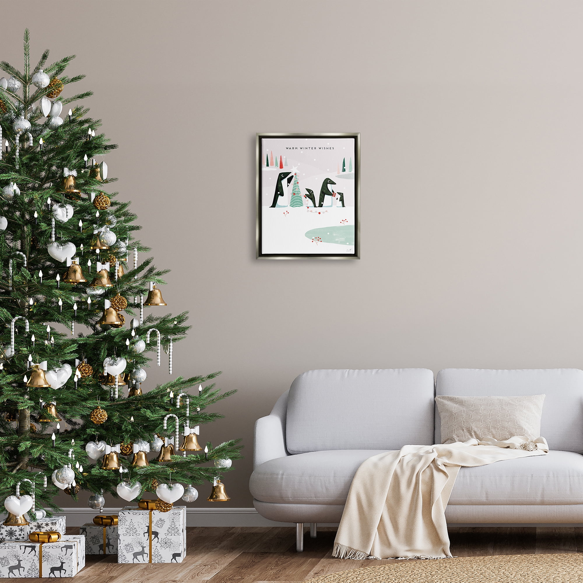 Stupell Industries Warm Winter Wishes Snowy Penguins Holiday Painting Gray Floater Framed Art Print Wall Art