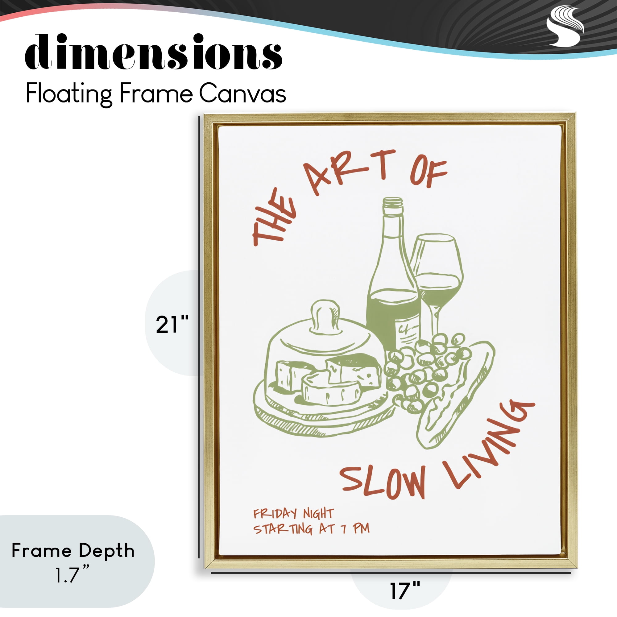 Stupell Industries Slow Living Wine & Cheese Gold Framed Floater Canvas Wall Art, design by The Prints Vibe