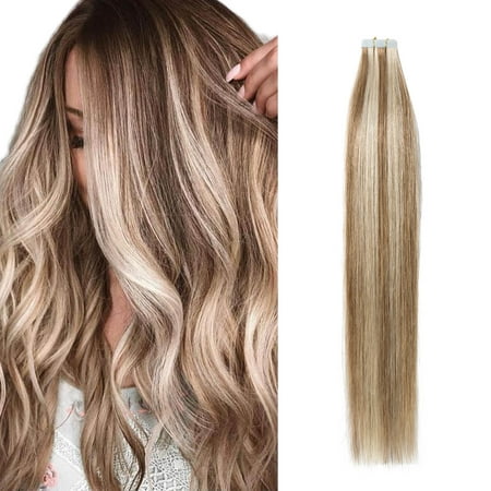 S-noilite Tape in Human Hair Extensions Highlight Balayage Long Straight Seamless Skin Weft Glue in Hairpieces Invisible Double Sided Tape Dark Brown ombre Light