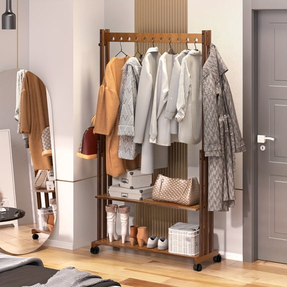 Bamboo Clothes Rack Stand: Wooden Clothing Hanging Rail Garment Rack Rolling Coat Stand Open Wardrobe with Storage Shelves for Bedroom Entryway