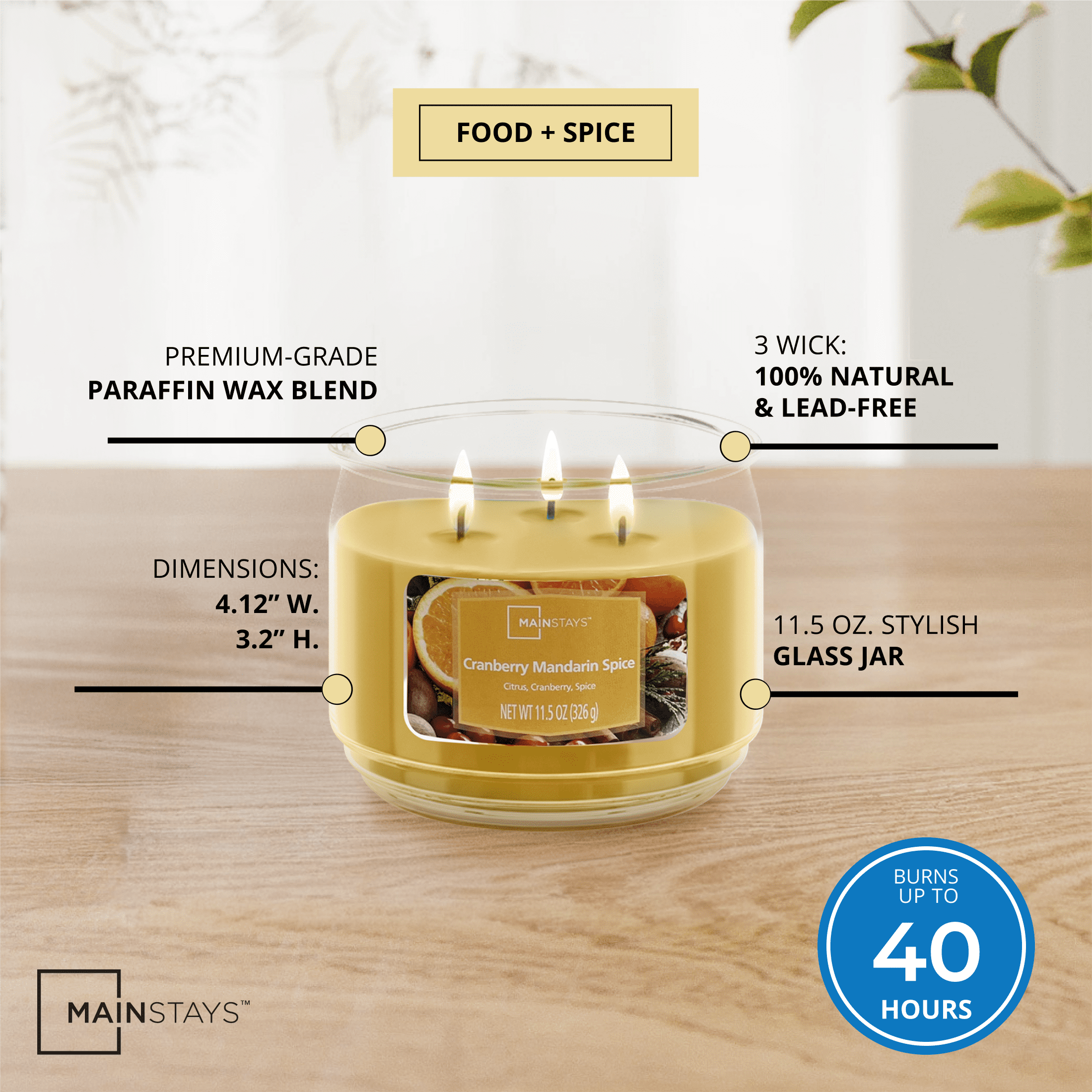(3 pack) Mainstays 3-Wick Scented Glass Jar Candle, Cranberry Mandarin Spice, 11.5 oz