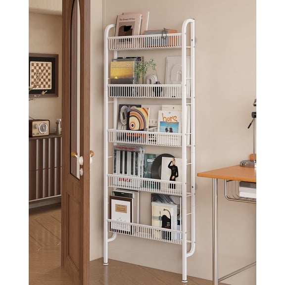 5-Tier Behind The Door Bathroom Shelf - Slim Space-Saving Narrow Storage Unit for Bathroom & Kitchen, White