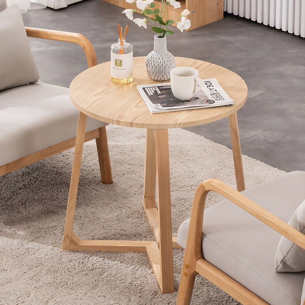 24" Round End Table, Mid Century Modern Solid Wood Sofa Side Table with V-Shaped Legs, Small Coffee Table for Small Space Living Room, Nightstand for Bedroom, Natural