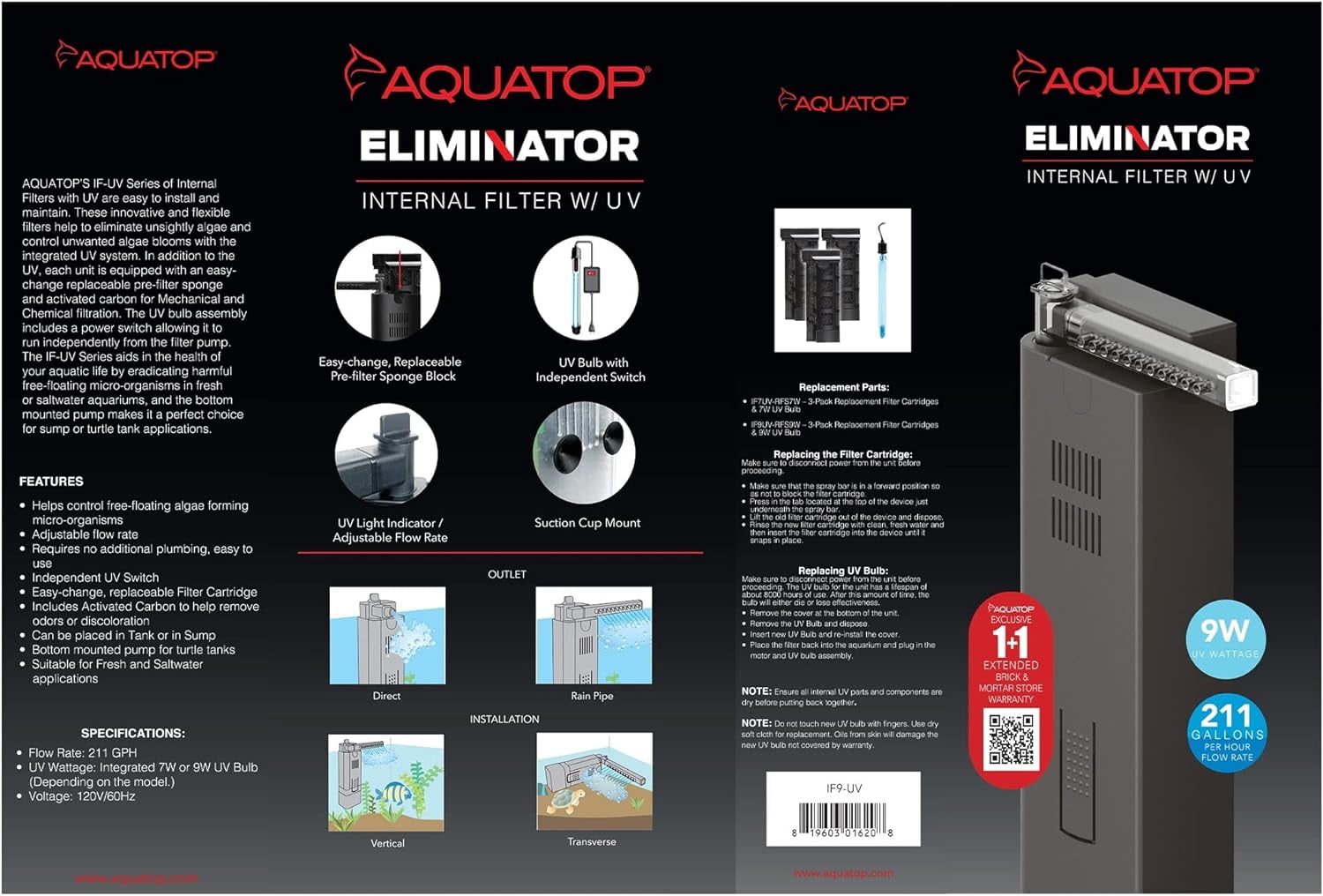 AQUATOP IF9-UV 211 GPH Internal Filter with 9 Watt UV