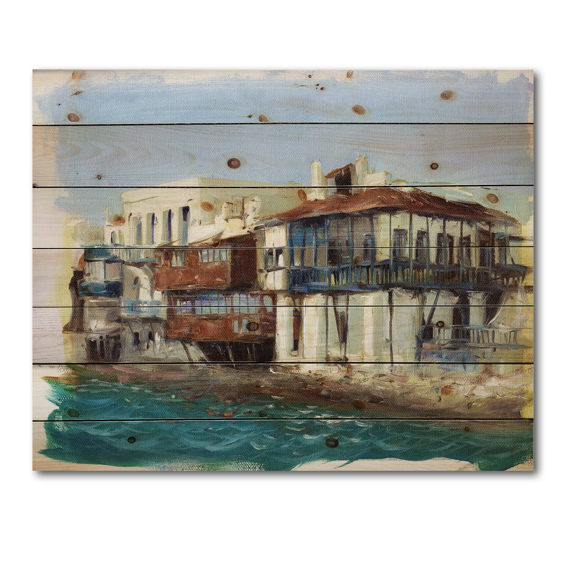 Designart 'Impression Old Houses On The Island of Mykonos Greece' Nautical & Coastal Print on Natural Pine Wood