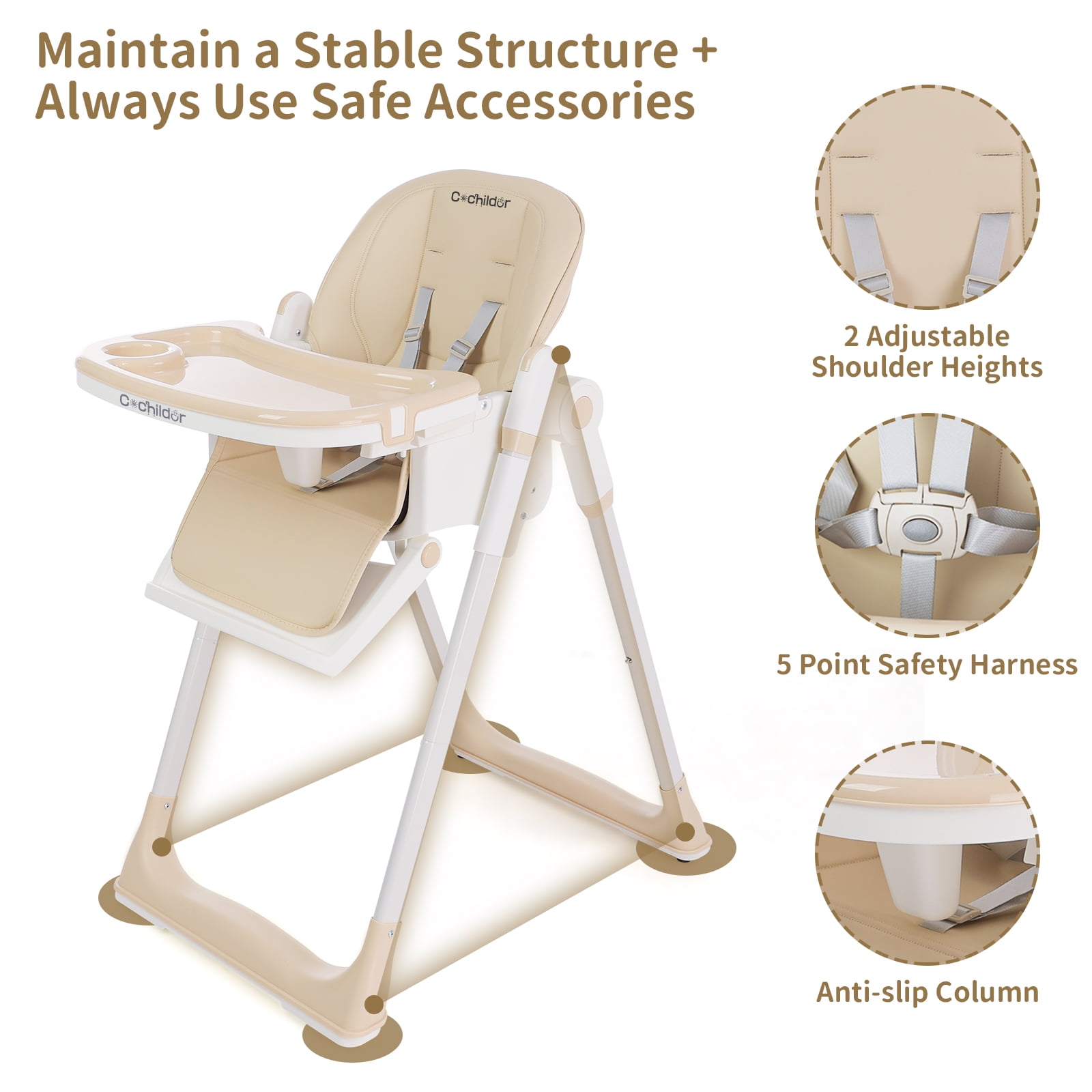 Cochildor Foldaway 3-in-1 High Chair for Babies & Toddlers, with 5 Point Harness, Tray, Foot Rest and Wheels, Beige