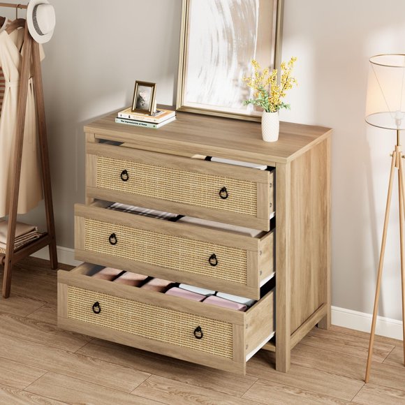 Commode en Rotin pour Chambre – Coffre de 29 Pouces de Hauteur avec 3 Tiroirs, Armoire de Rangement pour Vêtements et Organisateur de Tiroirs pour Salon, Couloir Ou Garde-Robe
