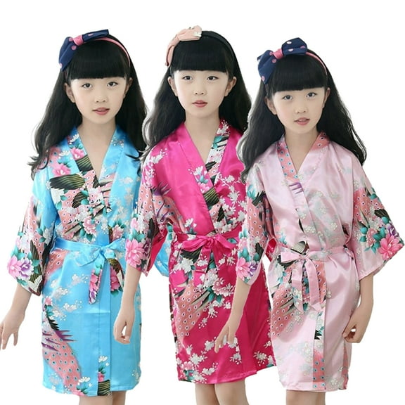 KYAIGUO 1-13T Girls Floral Silk Kimono Robes for Kids Toddler Wedding Bridesmaid Robes Dressing Gown Nightgown Silky Satin Floral Short Kimono Robe Baby Spa Sleeping Gown Bathrobe