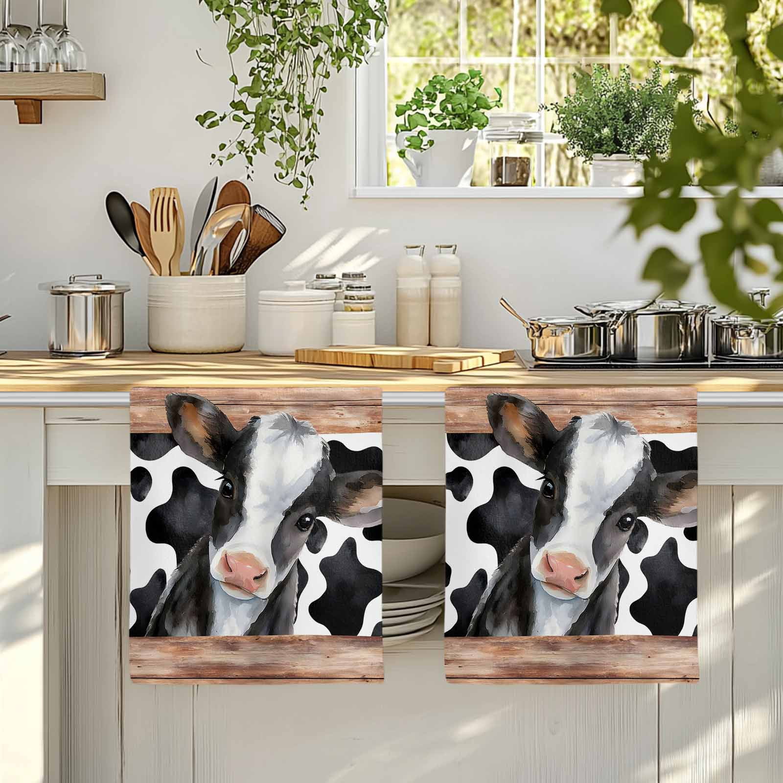 Cow Printed Kitchen Towels Set of 2, Farmhouse Watercolor Country Wooden Grain Absorbent Dish Towels for Kitchen, Microfiber Hand Towel, Quick Drying Tea Towel for Cleaning Decorative Dishcloths