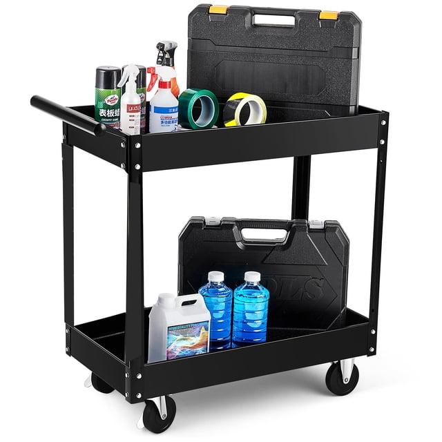 BeesClover Chariot à Outils à 2 Plateaux, Chariots à Outils Roulants de 400 Lb sur Roues, Chariot Utilitaire Robuste avec Panneau Perforé, Chariot de Rangement pour Outils de Mécanicien pour Garage, Entrepôt et Atelier de Réparation