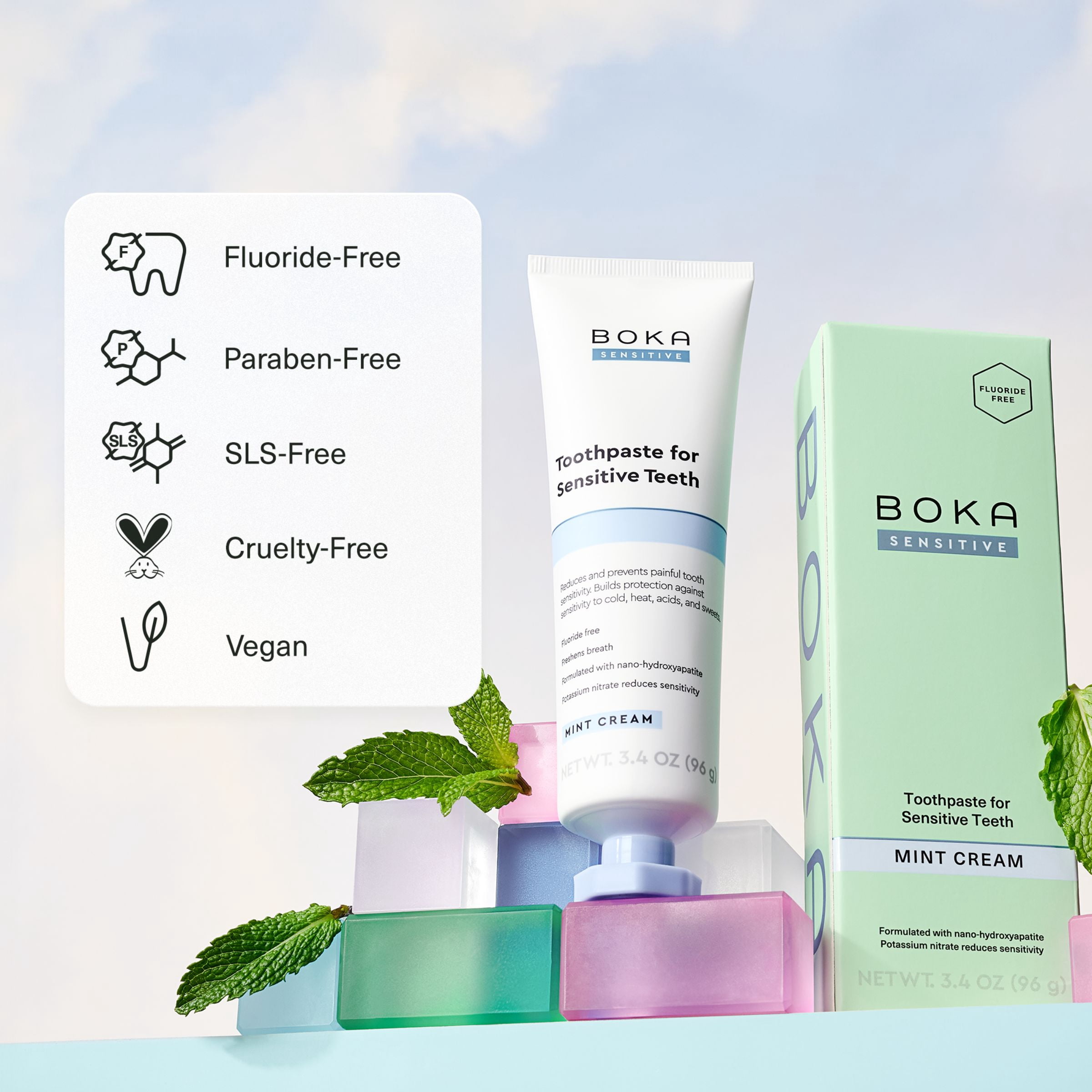 (3 pack) Boka Fluoride Free Sensitive Toothpaste, Nano Hydroxyapatite Toothpaste, Mint Cream Flavor - 3.4oz