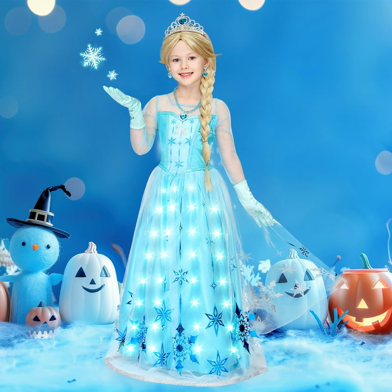 Joyfy Light-Up Ice Princess Dress for Girls, Long Cape Princess