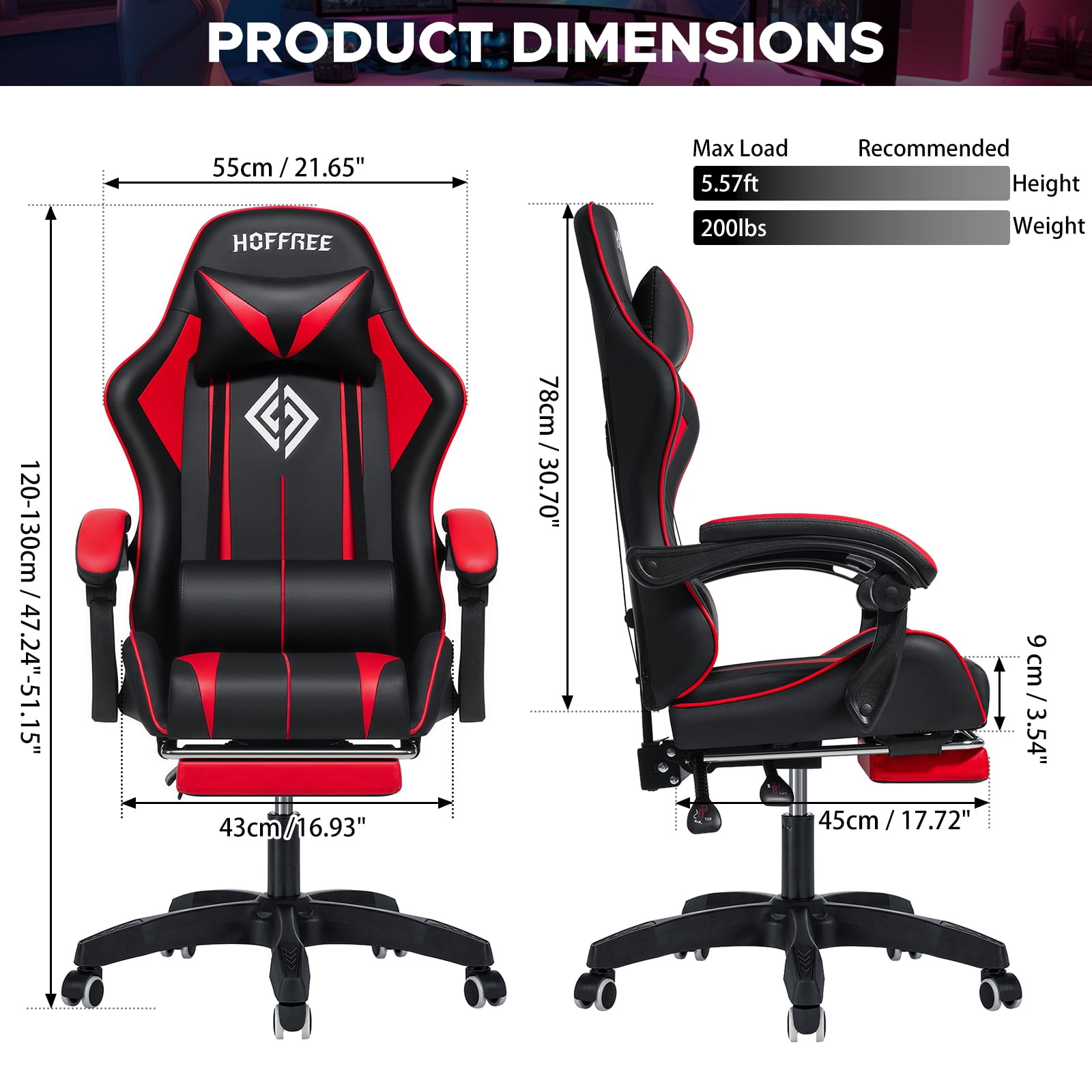 Hoffree Gaming Chair Massage Game Chair with Footrest and Massage Lumbar Support Ergonomic Computer Chair Height Adjustable with Swivel Seat and Headrest