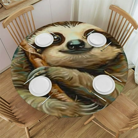 QKZF Adorable Sloth Print Table Cloth Round Tablecloth Waterproof Stain Resistant Table Cover Wrinkle Free Tablecloths for Kitchen Dining Tabletop Decoration 38-42