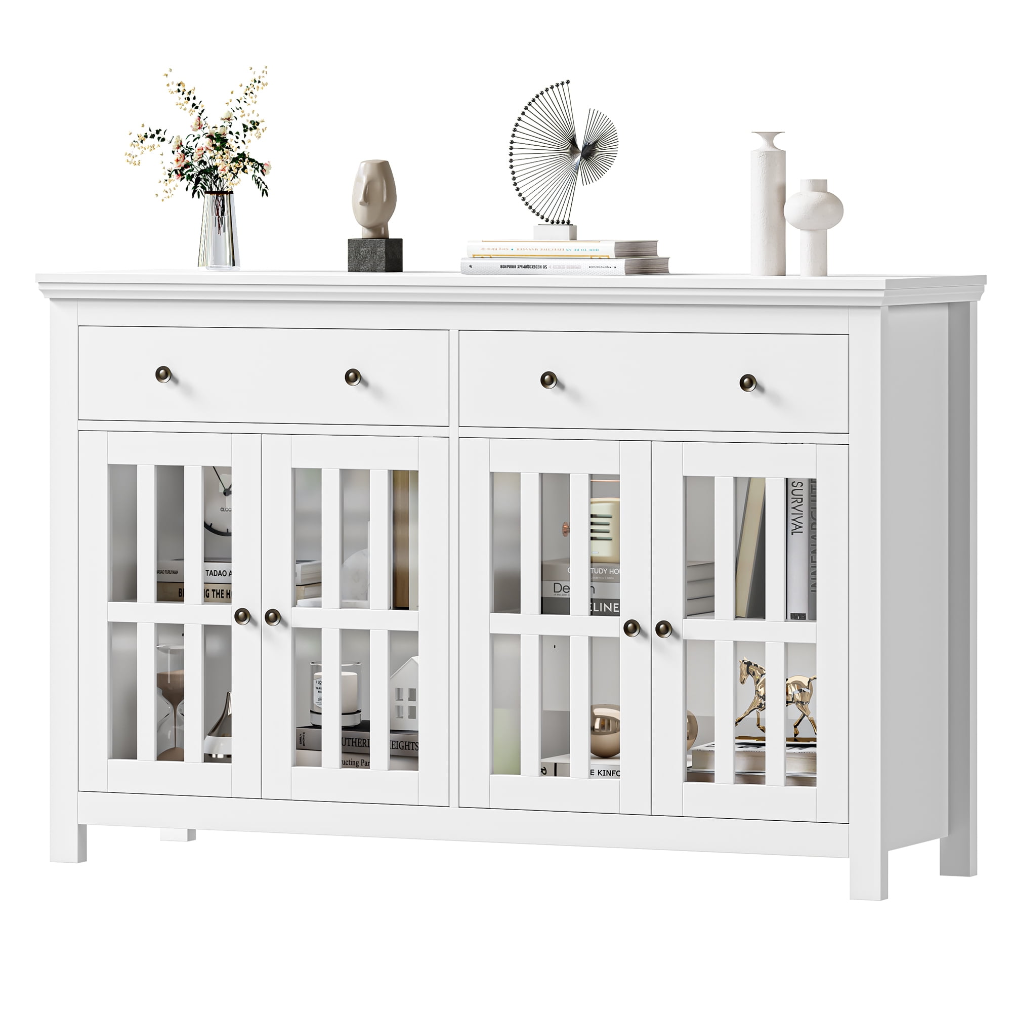 Homfa Kitchen Buffet Sideboard, Modern Wood Storage Cabinet with 4 Glass Doors & 3 Adjustable Shelves for Dining Room, White