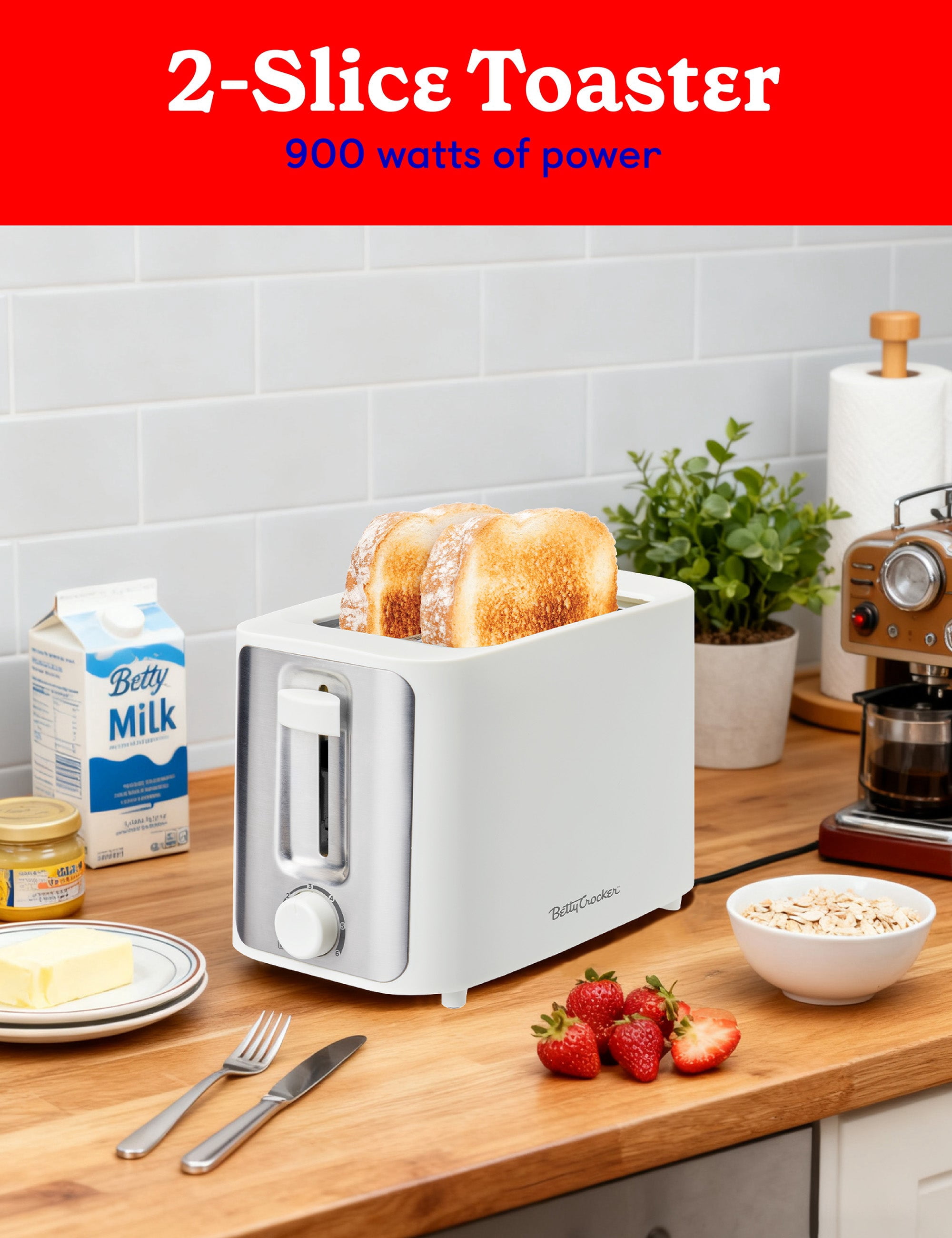 Betty Crocker 2-Slice Toaster, 900W, Variable Toast Shade Control, High Lift Feature, Cool Touch Housing, Bread Centering Guides, BC-5632W, White