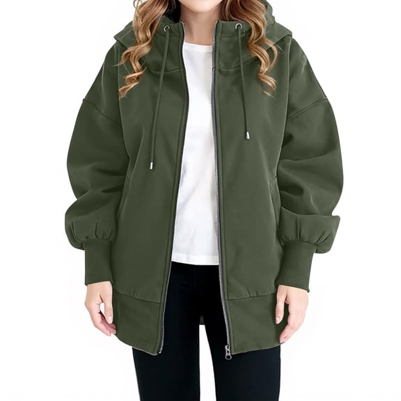 Women's Plus Size Casual Solid Color Hooded Jacket, Long-Sleeve, Army Green, Size L