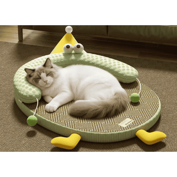Oval Design Cat Cooling Mat for Summer Comfort Bed with Cushioned Pillow/Play Ball/Washable Mat for Cats, Kittens, Puppy&Small Pets, Support Pets up to 28 lbs Around