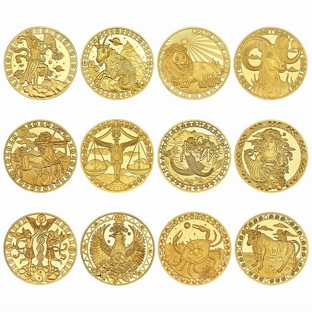Set de 12 monedas conmemorativas del zodíaco con Astrology De en tono dorado