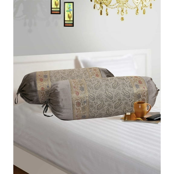 Stylo Culture Indian Polydupion Cylindrical Hotdog Pillow Bolster Pillow Covers Grey Paisley Jacquard Brocade Border Large Settee Cylinder Cushion Covers (Set of 2) | 30x15 Inches (76x38 cm)
