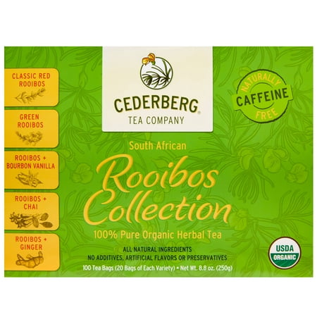 Organic Rooibos Herbal Tea Collection - Caffeine Free South African Red Bush Tea - Includes Red, Green, Vanilla, Chai and Ginger Rooibos (100 Ct.)