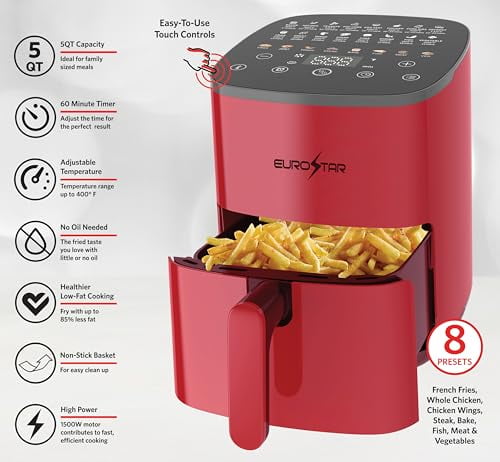 EUROSTAR EAF481R 5 Quart Digital Air Fryer, Red