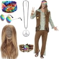 thumbnail image 1 of Conjunto de disfraz de peluca hippie Accesorios hippies Collar y aretes con el símbolo de la paz Pulsera Diadema hippie Gafas de sol Disfraz hippie de Halloween para fiesta temática de los años 60 70, 1 of 7