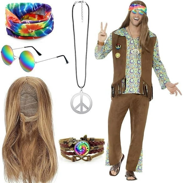 Conjunto de disfraz de peluca hippie Accesorios hippies Collar y aretes con el símbolo de la paz Pulsera Diadema hippie Gafas de sol Disfraz hippie de Halloween para fiesta temática de los años 60 70