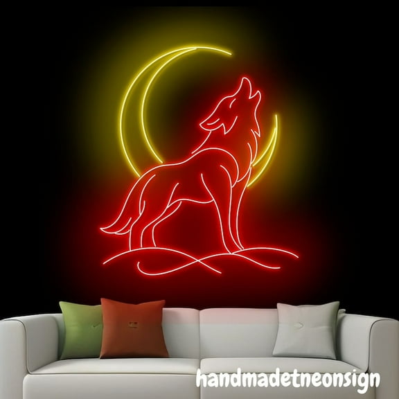 Handmadetneonsign Wolf And Moon Neon Sign, Wolf Moon Wall Art, Wolf Animal Home Wall Decor 040641