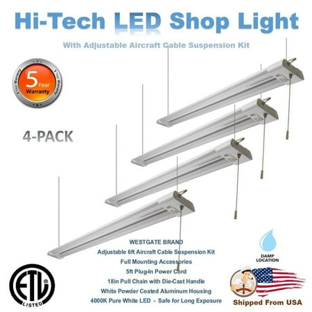 

4FT 40W LED Hi-Tech Shop Light With Adjustable Suspension Cable High Lumen ETL Listed 4200 Lumens 4000K (4 Pack)