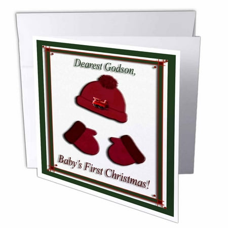3dRose, Red Cap and Mittens Babys First Christmas Godson Train, 1 Greeting Card with envelope